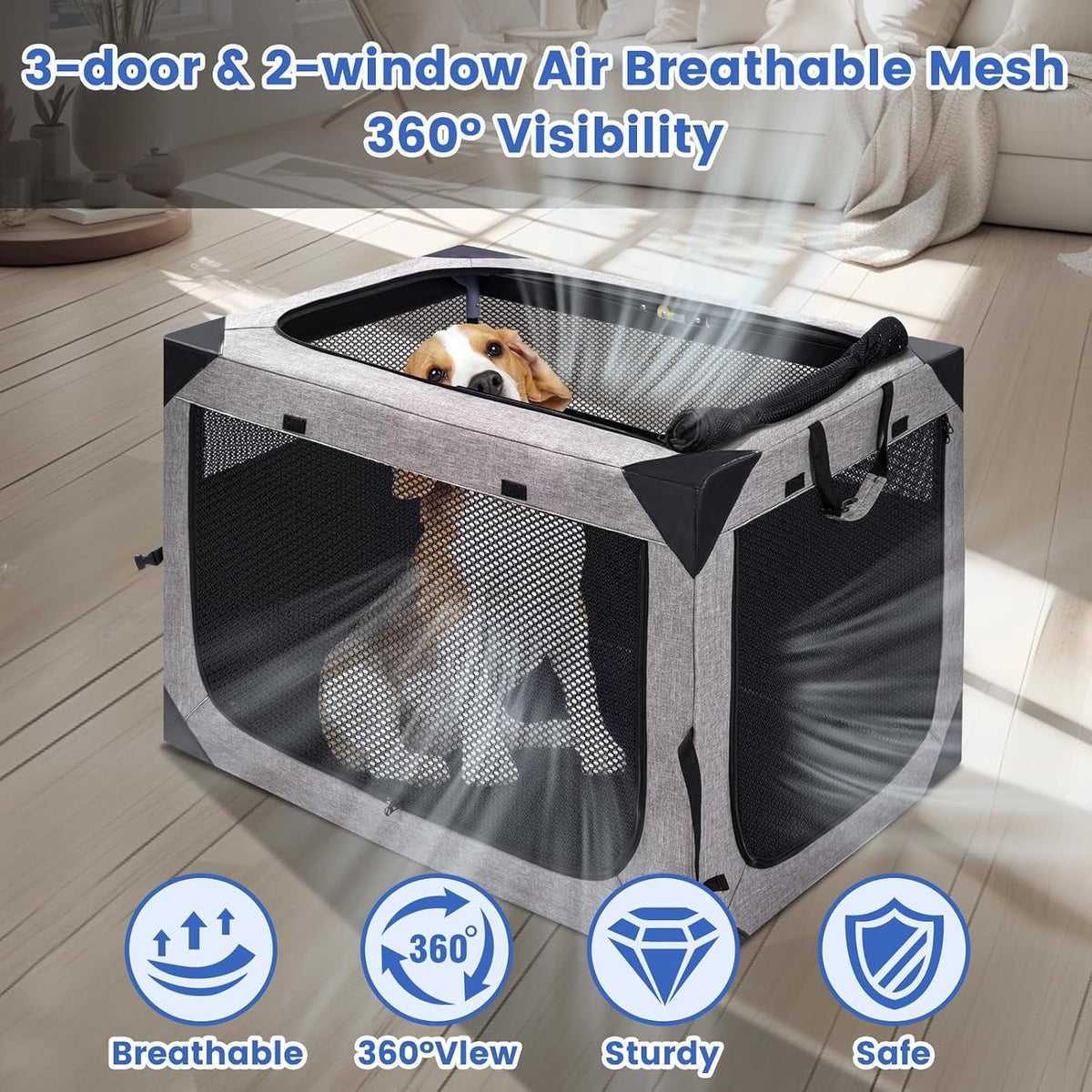 Dog Crate,36x25x25 Inch Large Dog Crate for Large or Medium Dogs, Portable and Foldable Design of Dog Cage, Perfect for Travel or Home Use, Dog Kennel with 2-Door and Durable Mesh Windows, Light Grey