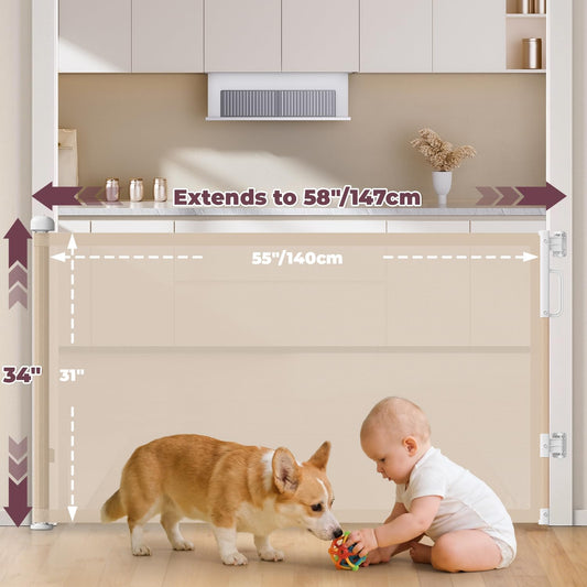 Retractable Baby Gates for Doorway, 58" Wide Mesh Dog Gate for Stair