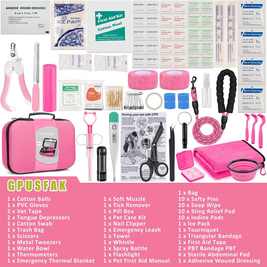 Pet First Aid Kit for Dogs - Pet Emergency Kit for Camping Hiking Traveling Hunting and Sports (Pink)