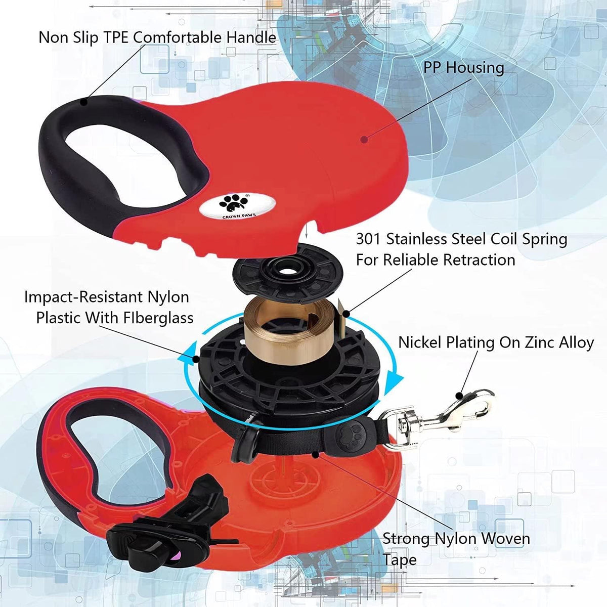 16ft Retractable Dog Leash for Large Breed Dogs up to 110 lbs with a Detachable Chew Proof Extender Wire Ropes (Black L)