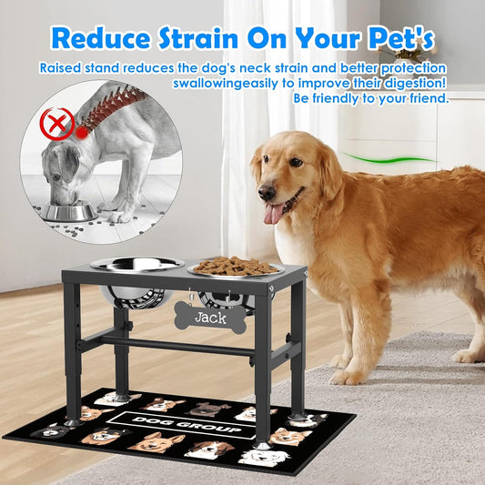 Elevated Dog Bowls with Slow Feeder & Mat for Medium and Large Dogs, 12" Tall Adjustable Wooden & Metal Raised Dog Bowl Stand, 2 Stainless Steel 58oz Bowls for Food & Water