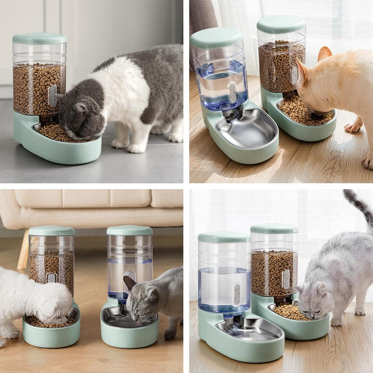 Automatic Cat Feeder and Water Dispenser with Stainless Steel Bowl Gravity Food Feeder and Waterer Set for Small Medium Dog Puppy Kitten 1 Gallon x 2(Grey)
