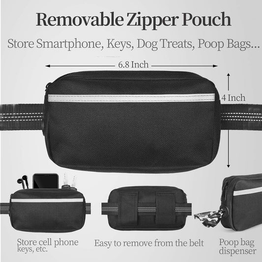 Hands Free Dog Leash with Zipper Pouch, Large, 25-120 lbs, Black
