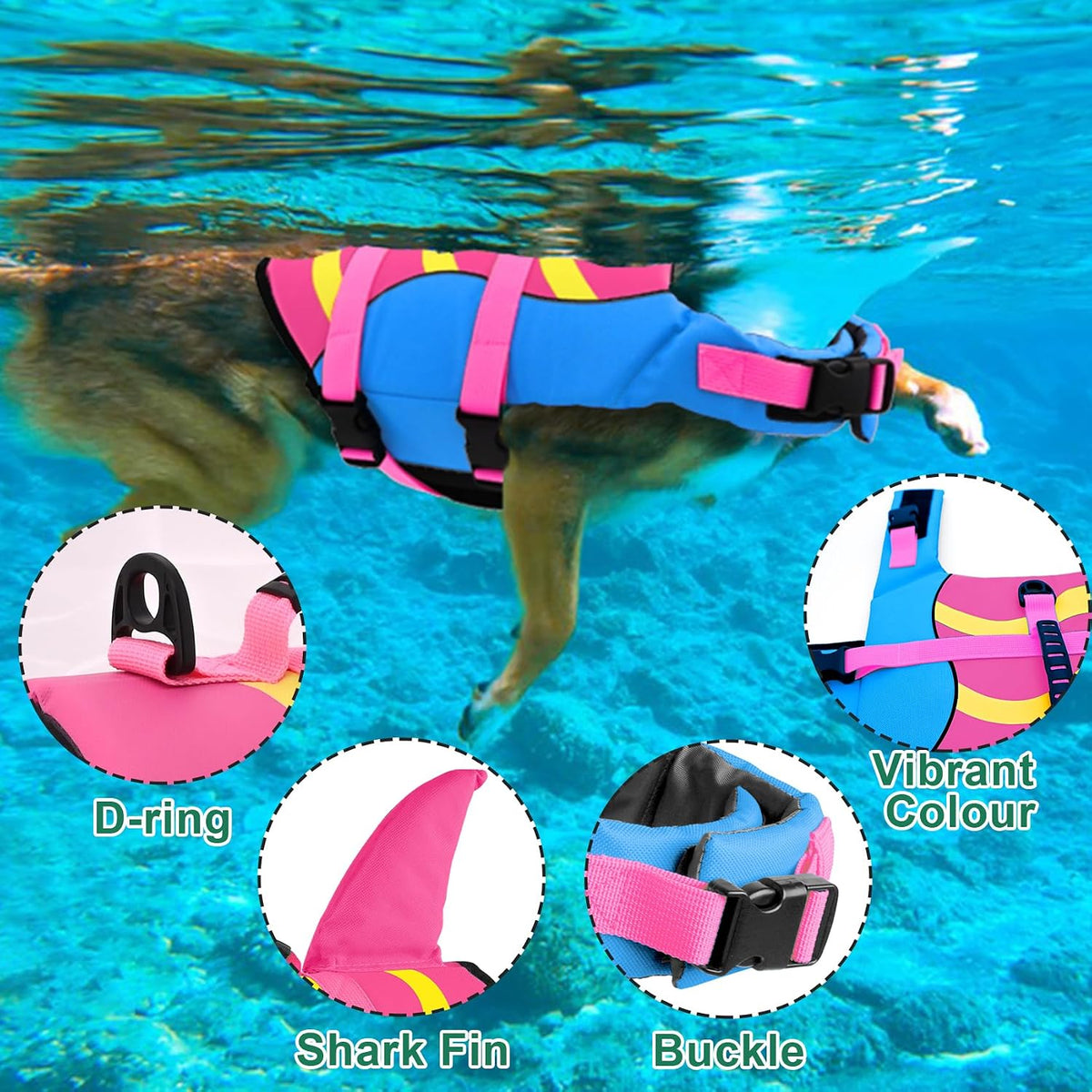 Dog Life Jacket Shark, Dog Life Vest Adjustable Ripstop, Dog Swimming Safety Vest with Superior Buoyancy & Rescue Handle for Small Medium Large Dogs, Swim, Pool, Beach, Boating