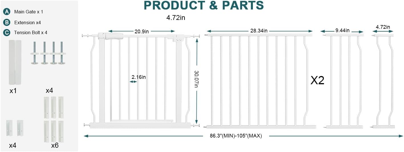 Extra Wide Baby Gate Tension Indoor Safety Gates Black Metal Large Pressure Mounted Pet Gate Walk Through Long Safety Dog Gate for The House Doorways Stairs (62.2"-66.93"/158-170CM, Black)