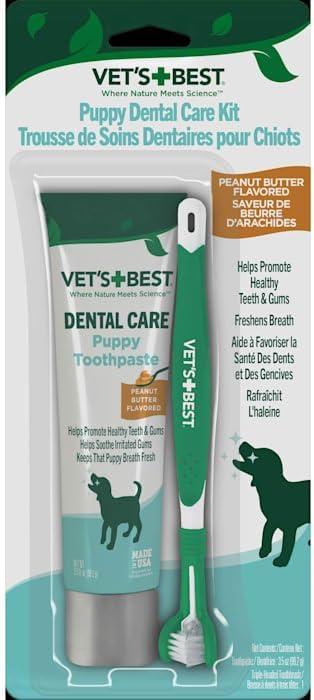 Vet's Best Dog Toothpaste & Toothbrush Kit for Puppies – Puppy Essentials – Dog Toothbrush & Toothpaste for Young Dogs- Perfect for Puppy Teething, Freshens Breath - Peanut Butter Flavor, 3.5 oz
