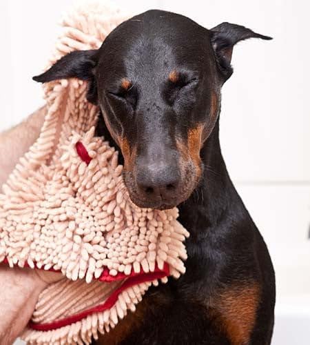 Soggy Doggy Super Shammy Dog Towel – Absorbent Microfiber Chenille Pet Towel for Drying Wet Dogs, Paws, Quick Dry Dog Shammy with Hand Pockets, Machine Washable – Chocolate/Oatmeal Trim, 31” x 14”