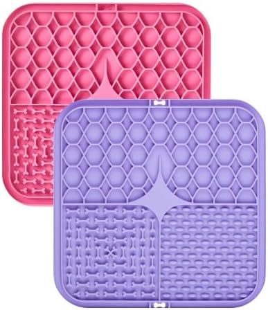 2 Pack Anti-Slip Licking Mat, Pet Food Mat Waterproof Puppy Feeding Mat, Slow Feeder Dog/Cat Bowl, Cat Licking Mat to Relieve Anxiety with Raised Edges (Pink+Purple)(6"×6")