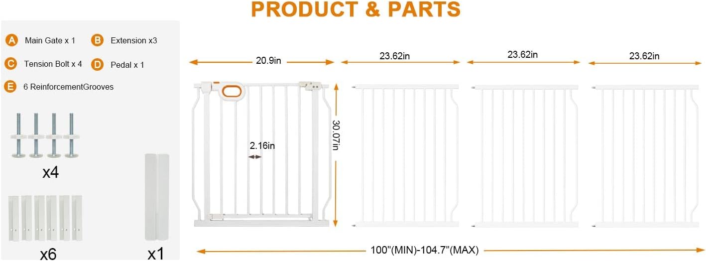Baby Gates Extra Wide for Large Opennings with Door Pressure Mounted 90.6-95.2 Inch Extra Wide Baby Gate Dog gate for Doorways Indoor Metal Gate No Drilling with Walk-Through Door,White