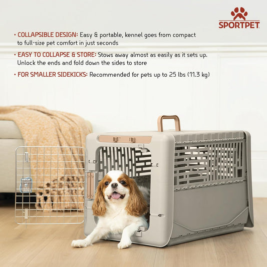 Collapsible Small Pet Travel Carrier (Tan), Hard-Sided Kennel for Small Dogs, Puppies, Cats, Kittens, Animals up to 25lbs, Washable Home & Outdoor Pet Crate, 24.5"L x 16.5"W x 16"H