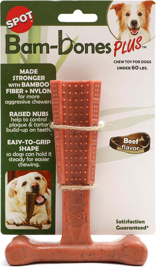 Bam-Bones Plus T Bone – Bamboo Fiber & Nylon Dog Chew Toy for Moderate to Aggressive Chewers, Durable Long Lasting & Non-Splintering, Beef Flavor Toy for Adult Dogs & Puppies Under 60 lbs, 6 in