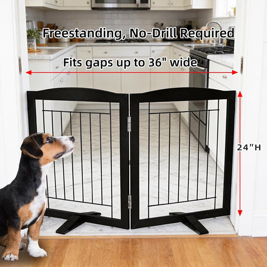 Freestanding Dog Fence Indoor, Foldable Dog Gate for Doorways, Stairs or Hallways, Sturdy Wood Extra Wide Pet Gate with Support Feet for The House, White, 24 "Height-3 Panels