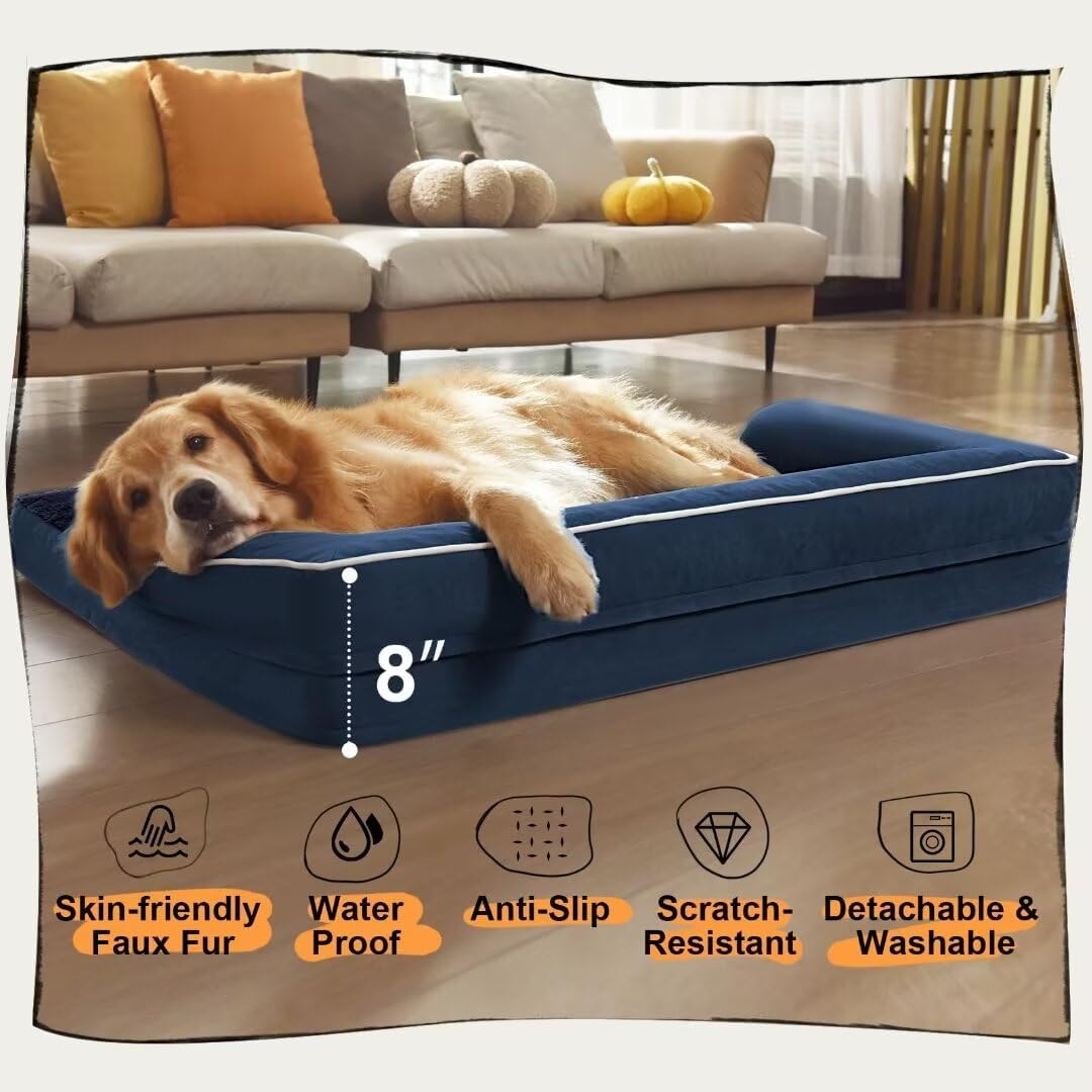 Large Dog Bed Orthopedic Washable - Beds Bolster - Medium XL XLarge Big Dogs - Memory Foam Couch Sofa - Waterproof with Removable Cover