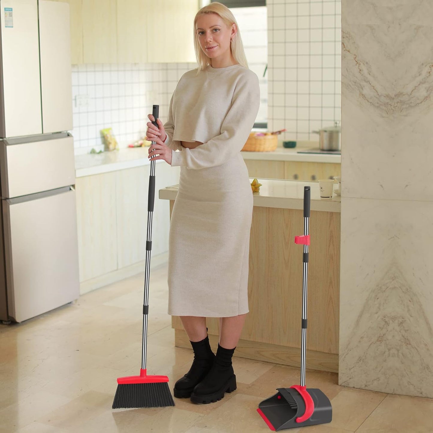 Ivandar Broom with Dustpan Combo Set, 50.6 inch Long Handle, Upright Standing Broom and Dustpan Set Quiet Cleaning Tool Sweep the Floor Dust pan Removes 4 Times More Pet Hair(Brown and Gray)