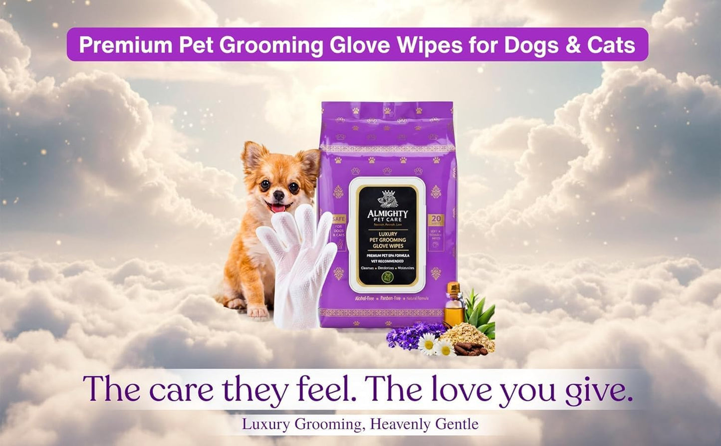 Premium Pet Grooming Glove Wipes for Dogs & Cats, 3X Thick No-Rinse Bathing Gloves, Hypoallergenic Deodorizing Paw & Body Cleaner, Natural Extracts to Hydrate & Nourish, 20 Count, Coconut Scent