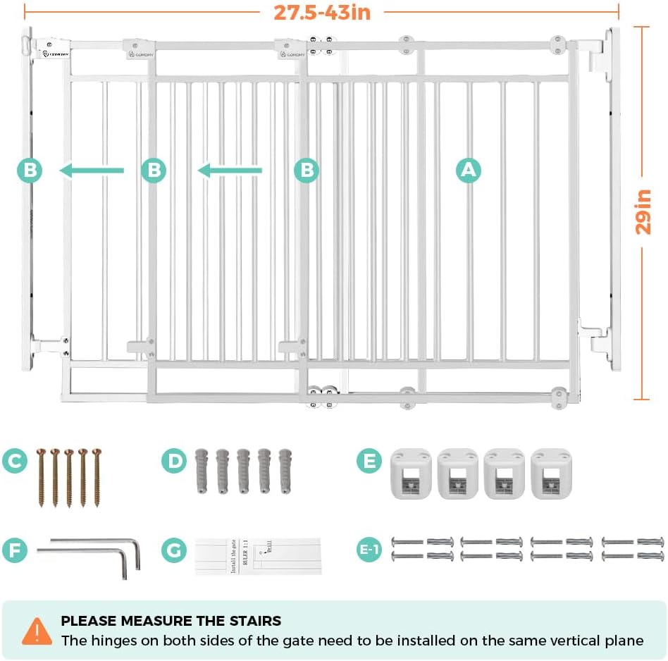 COMOMY 27.5-43" Baby Gate No Bottom Bar for Stairs and Doorways, 2-in-1 Auto Close Dog Gate Indoor for the House, Hardware Mounted Pet Gate with Large Walk Thru Door, Child Safety Gate for Dogs, Black
