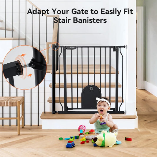 COMOMY 29.5-48.4" Baby Gate with Adjustable Cat Door,Extra Wide Metal Cat Gate for Stairs Doorways, Auto Close Dog Gate with Pet Door for House, Pressure Mounted Easy Walk Through (30" Tall, Black)