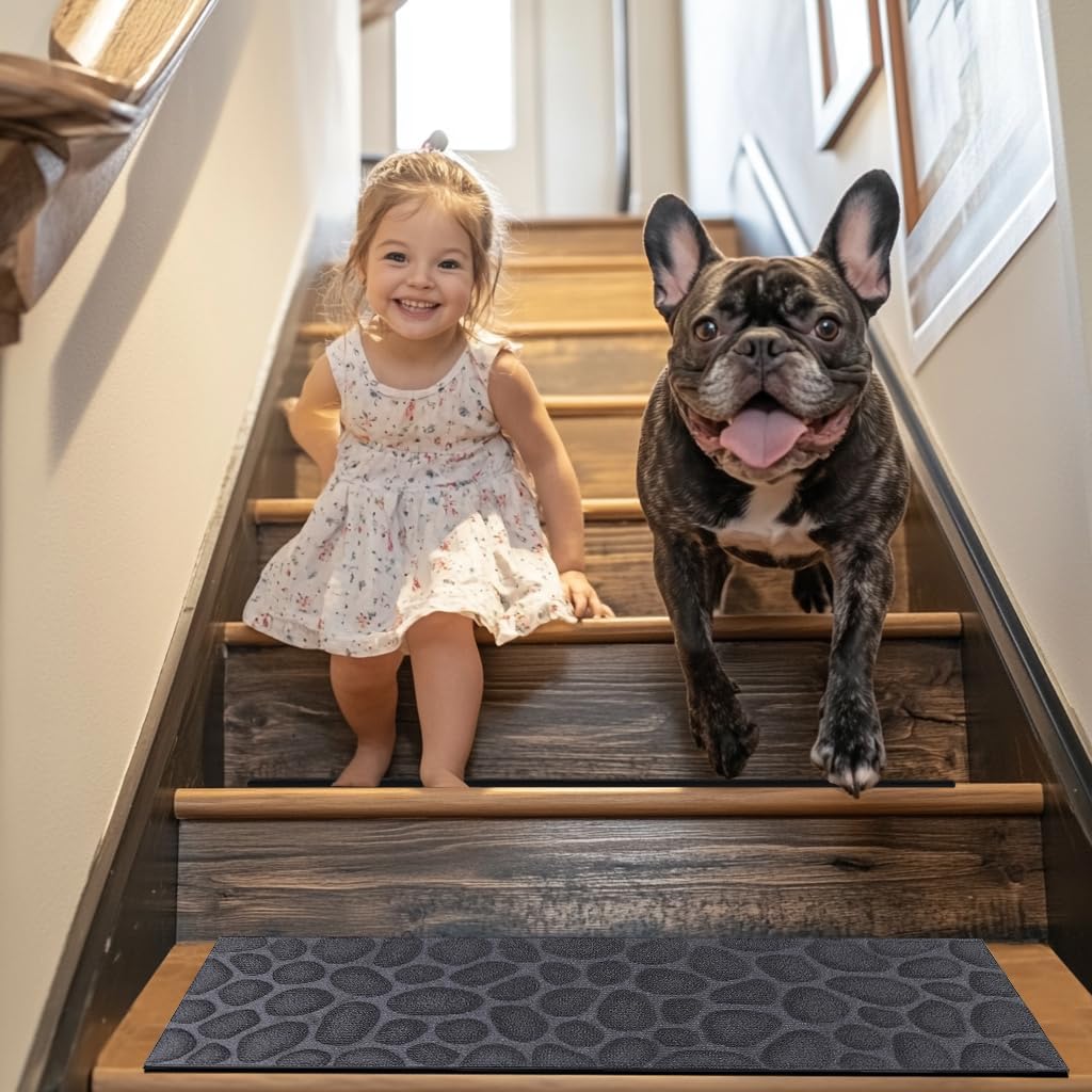 Aucuda 2pcs 8.5" x 30" Stair Treads Outdoor for Elders and Dogs on Wooden Steps, Non Slip Stair Runner Rug Heat Insulation Rubber Backing, Gray Staircase Mat Carpet for Indoor Grip Farmhouse.