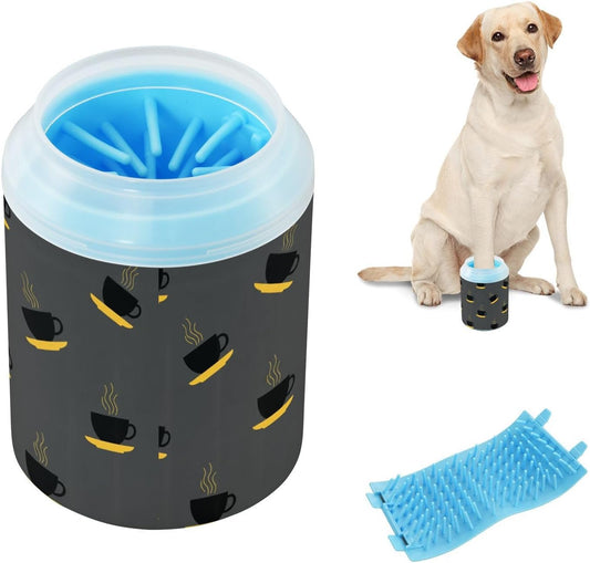 Coffee Gray Print Dog Paw Cleaner Cup with Soft Silicone Brush, Portable Lightweight Small Muddy Paw Washer for Dogs, Easy to Use Pet Foot Cleaner