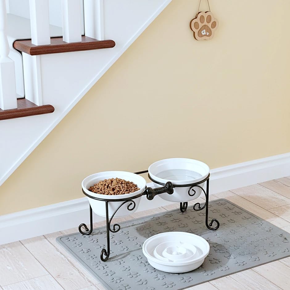 Elevated Dog Bowl Stand with 3 Large Ceramic Bowls – Raised Feeding Station for Medium & Large Dogs, Includes 2 Standard Bowls + 1 Slow Feeder, Durable Iron Frame, Non-Slip (White)