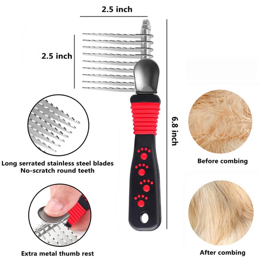 QUMY Dog Comb for Dematting, Stainless Steel Pet Grooming Comb, Removes Dead, Matted or Knotted Hair, Finishing and Fluffing, Comfort-Grip Handle - Pack of 1