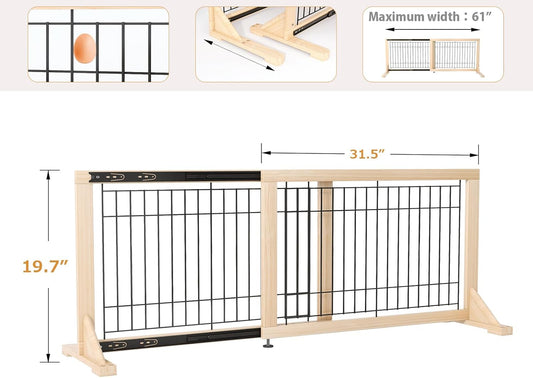 Extra Wide Freestanding Dog Gate, Adjustable Width 31.5"–61", 19.7" Tall Indoor Pet Gate for Kitchen, Living Room & Stairs, Wooden Metal Frame No-Drill Pet Barrier