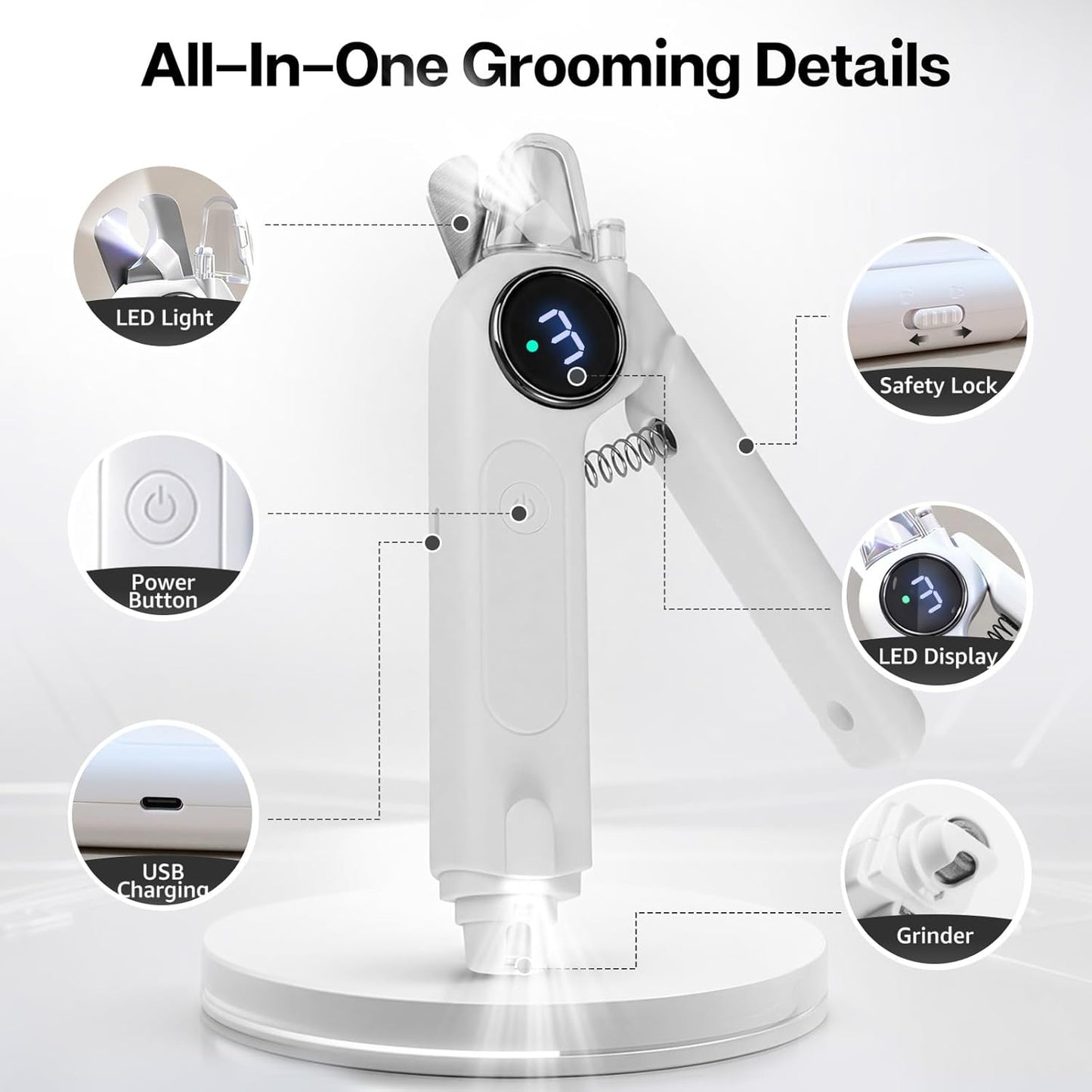 2-in-1 Dog Nail Grinder and Clipper, 3-Speed Rechargeable Pet Nail Trimmer with LED Light, Quiet Electric Nail File for Small Medium Large Dogs and Cats