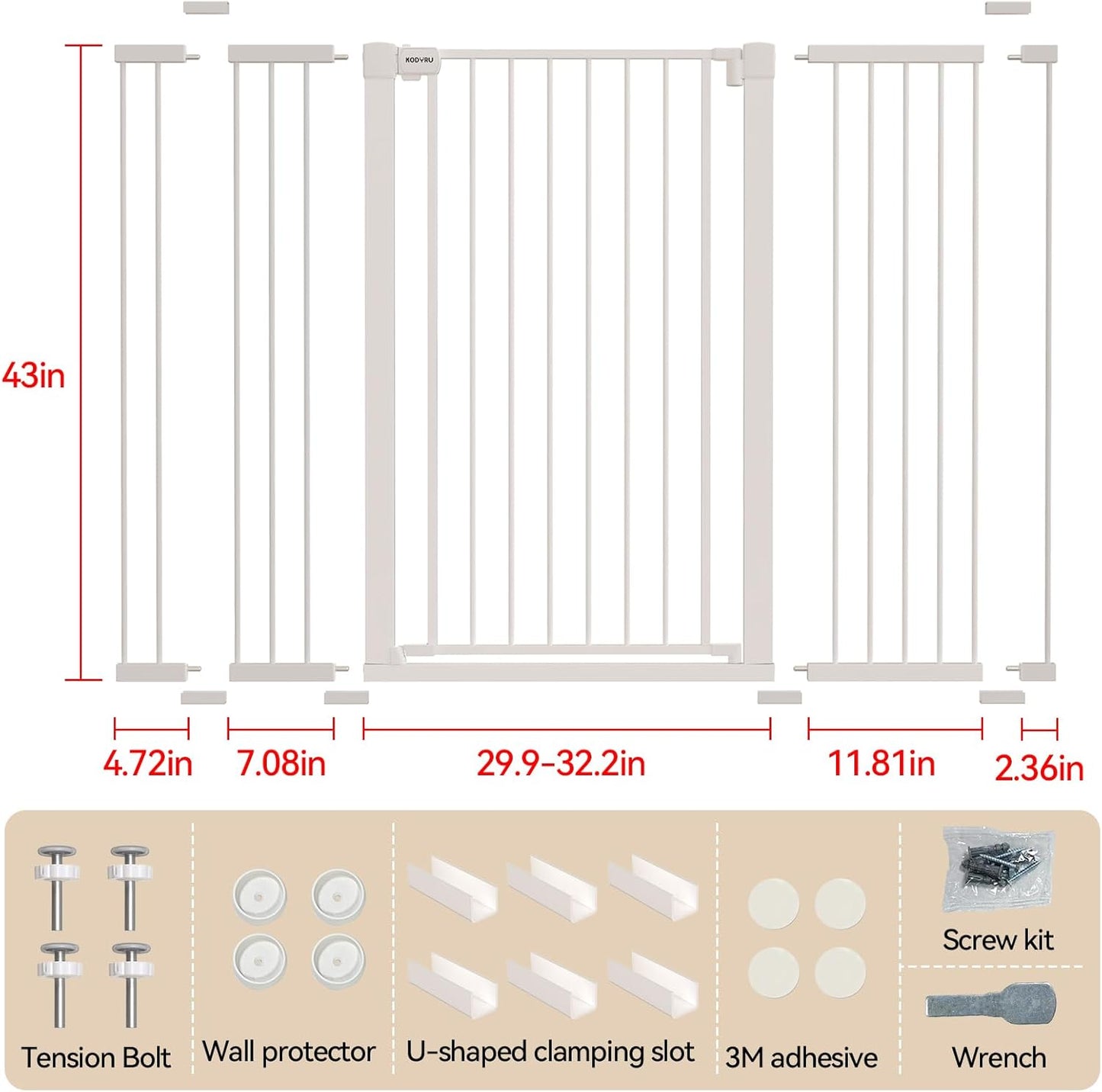 43 inch Tall Safety Dog Gate Adjustable 29.7-45.2 inch Extra-Wide Metal Pet Gate Drill-Free Pressure-Mount Installation kit Self-Closing Cat Gate for Stairwells、Doorways(White)