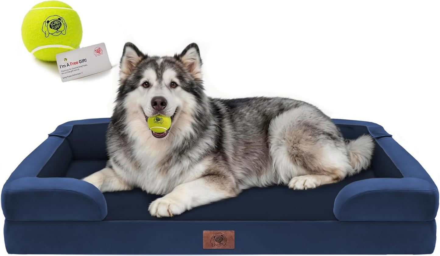 Extra Large Dog Bed, Orthopedic XL Washable Memory Foam Bed for Big Dogs Waterproof Pet Couch Sofa Bolster with Removable Cover, Non-Slip Bottom, Tennis Ball Toy, 42x30