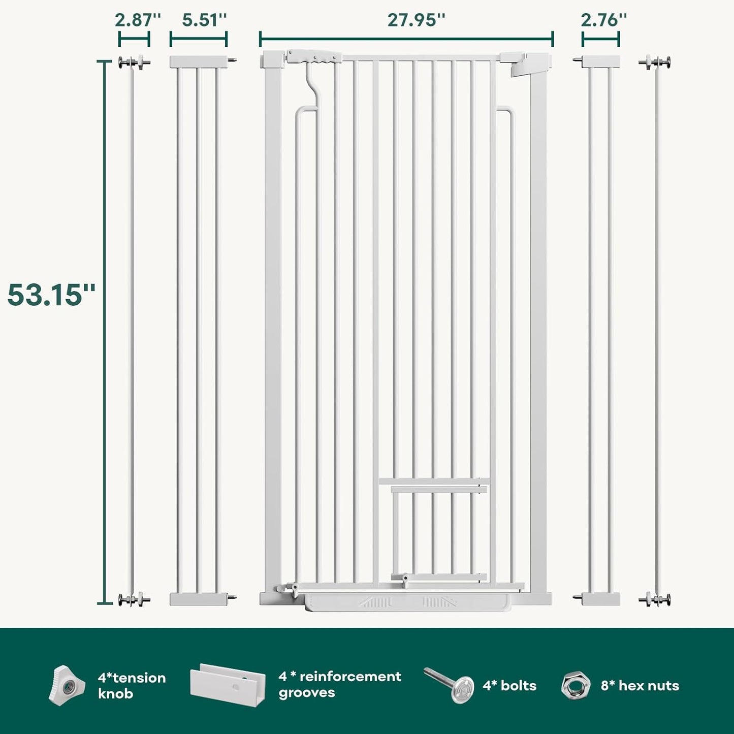 Ostutry 53in Extra Tall Cat Gate for Doorway, 29.5-40.6in Wide Auto Close Pet Gate with Cat Door, Climb Proof Dog Gate No Drilling Pressure Mounted, White