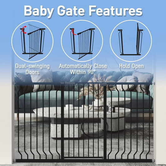WAOWAO Extra Tall 40.55" Baby Gate 29.92-63.38" Wide Pressure Mounted Walk Through Swing Auto Close Safety White Metal Toddler Child Dog Pet for Indoor Stairs,Doorways,Kitche