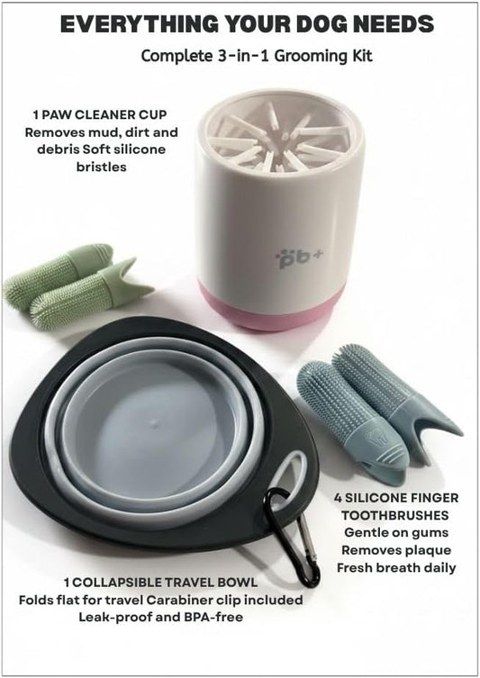 Dog Grooming Kit – Paw Cleaner Cup for Muddy Paws, Collapsible Travel Bowl with Carabiner & 4 Silicone Finger Toothbrushes – Portable Pet Dental Care & Paw Washer for Small Dogs, Puppies & Cats