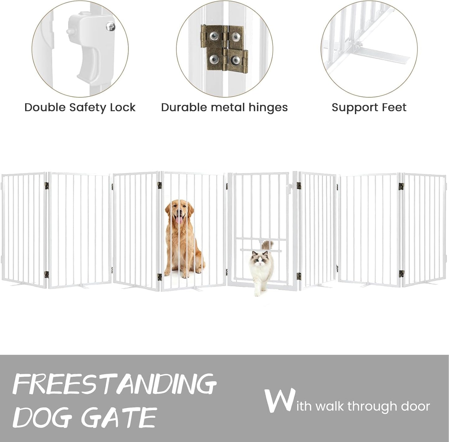 Metal Freestanding Dog Gate with Cat Door for Outdoor Indoor,80" Extra Wide Foldable Pet Fence,30" Tall Dog Gate for Large Opening,Stairs,Hallways,Doorways,Deck,Yard,with 3PCS Support(4 Panels,Black)
