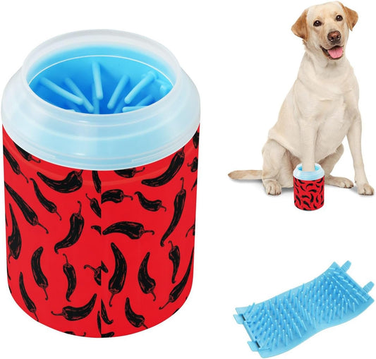 Peppers Chili Red Pattern Dog Paw Cleaner Cup with Soft Silicone Brush, Portable Lightweight Small Muddy Paw Washer for Dogs, Easy to Use Pet Foot Cleaner