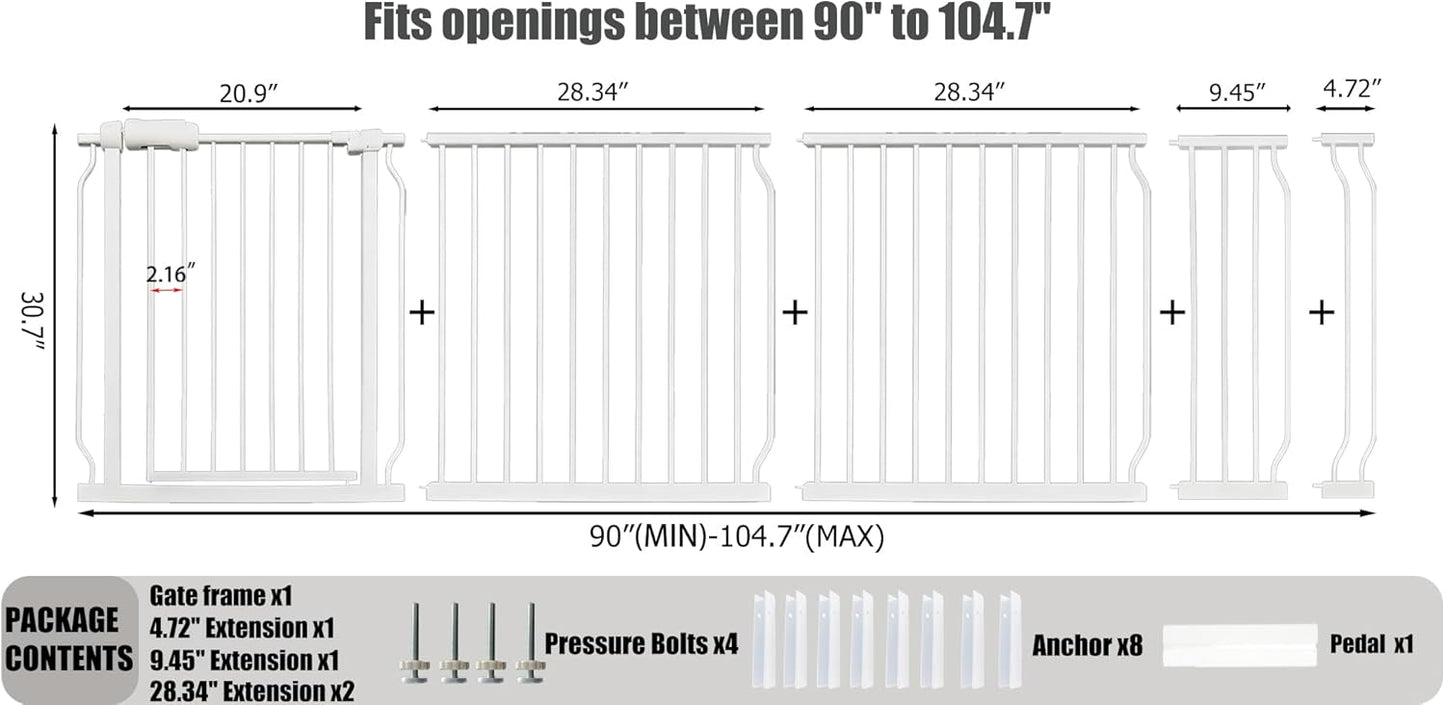 24-29 Inch Narrow Baby Gate, Pressure Mounted No Drilling Dog Gate for Stairs & Doorways, White Metal Safety Gate Indoor for Kids and Pets