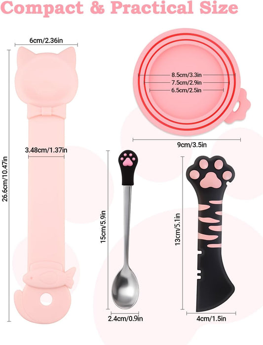 6 PCS Cat Food Can Covers Set, Reusable Silicone Can Lids with Opener, Stainless Steel Wet Food Spoon & Cat Treat Squeezer for Pet Feeding and Storage, Fits Cats & Dogs