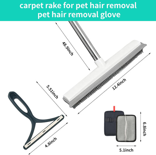 Carpet Rake for Pet Hair Removal, 4-Piece Pet Hair Remover Tool Kit with Adjustable Rubber Broom, Glove & Scraper for Dog Cat Hair, Rugs, Couch, Car