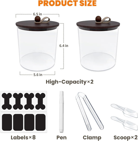 HOYTAMDAR 3 Pack Airtight Dog Food Storage Container, Dog Treat Container Dog Food Container with Wood Lids 8x7''&6x5'',Pet Food Storage Container,Cat Food Containers with Scoops,Clamp,Labels,Pens