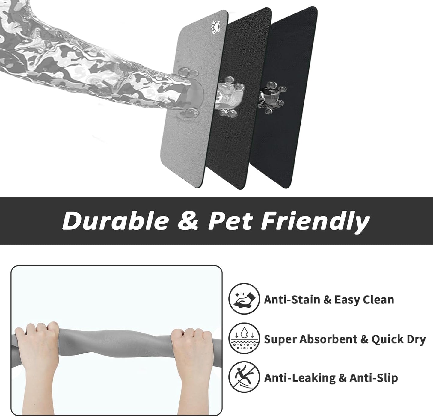 HotLive Dog Food Mat - Absorbent Cat Mat for Food and Water, No Stains Pet Feeding Bowl Mat, Easy to Clean Pet Placemats, Quick Dry Dog Water Dispenser Mat for Messy Drinkers | Paw Dark Grey 12"x 19"