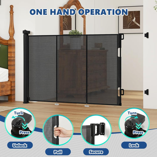 AGESISI Retractable Baby Gate Extra Wide, 149” Wide x 41” Tall Mesh Dog Gates for Stairs & Doorways, Pet Dog Fences One-Hand Operation Child Safety Gate for Indoor or Outdoor, Easy Installation, Black