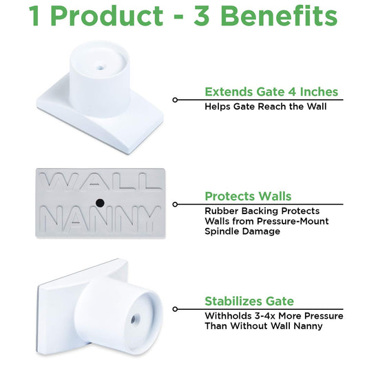 Wall Nanny Extender -4 Inch Baby Gate Extension Guard (Made in USA) Extends Pressure Mounted Gates - Protects Walls, Stabilizes Gate, for Child, Pet Gate & Dog Gate, Protector Works on Stairs, 4 Pack