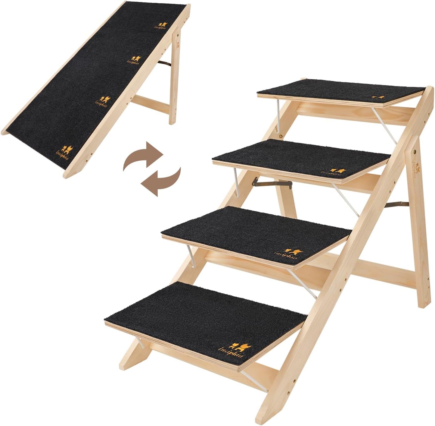 Luciphia Wooden Dog Stairs for Small Dogs 2-in-1 Foldable Dog Steps for Beds Cars Couch Anti-Slip Pet Ramp with 3 Steps Indoor Pet Stairs for Medium Large Older Pets Cats up to 220lbs