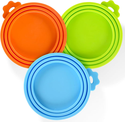 SHENGQIDZ 3 Pack Pet Food Can Covers Universal Can Lids Safe/Silicone Dog&Cat Food Can Lid Covers (green+blue+orange)