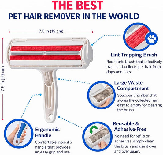 Pet Hair Remover - Reusable Cat and Dog Hair Remover for Furniture, Couch, Carpet, Clothes, Car Seats or Bedding - Portable Lint Rollers, Self-Cleaning Base Dog and Cat Fur Removal Tool