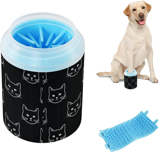 Cat Face Black Pattern Dog Paw Cleaner Cup with Soft Silicone Brush, Portable Small Lightweight Muddy Paw Washer for Dogs, Easy to Use Pet Foot Cleaner