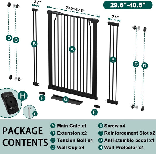 Fairy Baby 40.5" Extra Tall Baby Gate for Stairs, Fits Openings of 40.6" to 54.7" Wide, Extra Wide Dog Gate Indoor, Pressure Mounted Walk Thru Swing Auto Close Metal Puppy Barrier for Doorway, Black