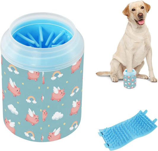 Pigs Clouds Blue Print Dog Paw Cleaner Cup with Soft Silicone Brush, Lightweight Portable Small Muddy Paw Washer for Dogs, Easy to Use Pet Foot Cleaner
