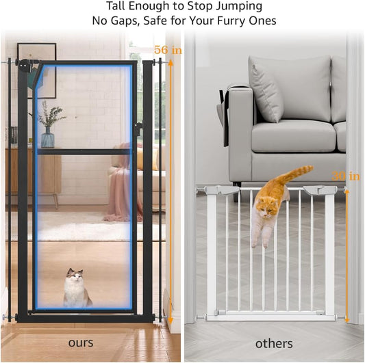 unipaws 56" Extra Tall Pet Gate, Clear Transparent Tall Cat Gate, 29.5-33.5" Wide No Drilling Pressure Mounted Dog Gate for Doorway, Hallway, Stairs, White