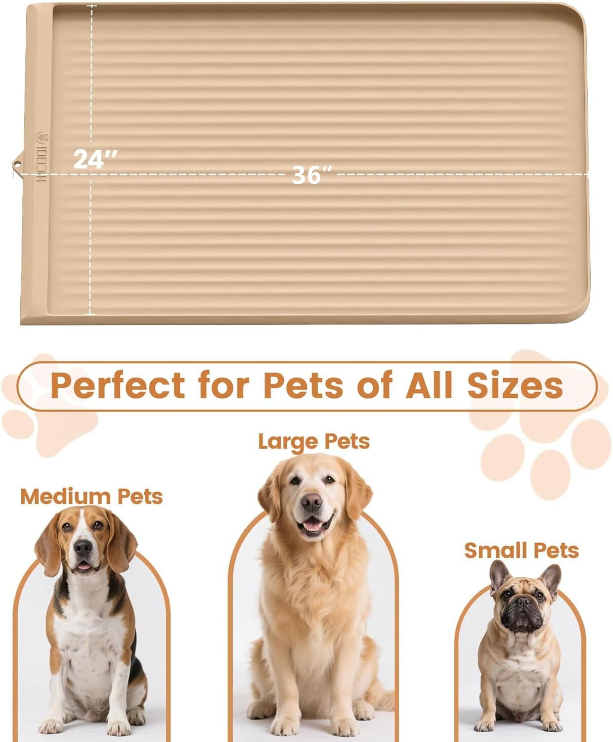 Dog Food Mat 36"x24", Waterproof Pet Feeding Mat with Diversion Grooves and Raised Edges, Large Non-Slip Dog Bowl Mat for Food and Water, Cat Food Mat for Floors, Easy to Clean, Grey