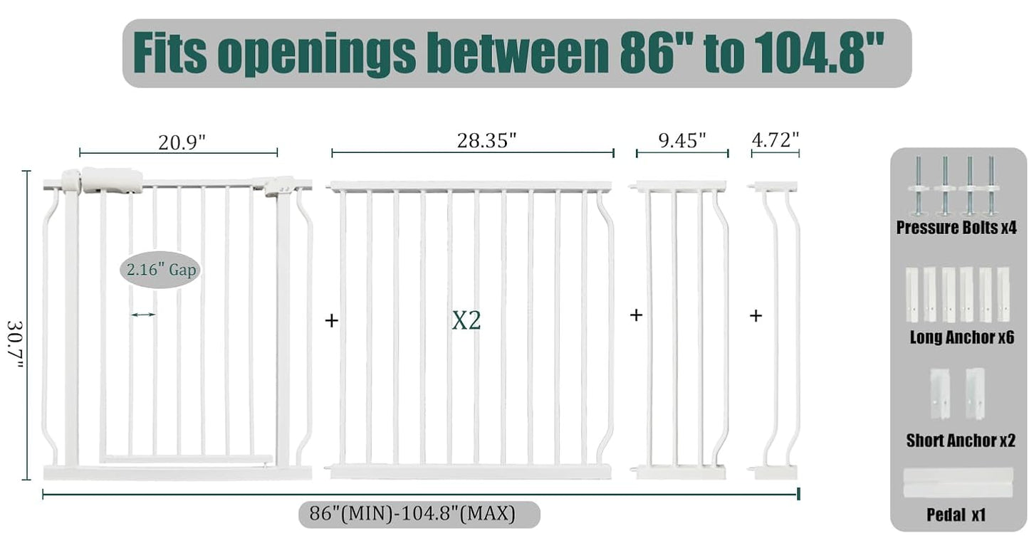Extra Wide Baby Gate 85.8-90.5" Dog Gate Indoor Pressure Mounted No Drill Safety Gate for Large Entries, Kitchen,Stairs & Doorways, Black Metal Indoor Pet Gate for Kids & Dogs